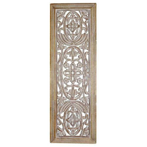 Rectangular Mango Wood Wall Panel Hand Crafted With Intricate Carving, White and Brown