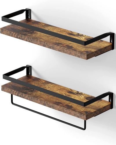 Floating bathroom shelf with towel rail; bathroom/living/kitchen/bedroom wall shelf set of 2; light brown; dark brown; black. Floating bathroom shelf with towel rail; bathroom/living/kitchen/bedroom wall shelf set of 2; light brown; dark brown; black.